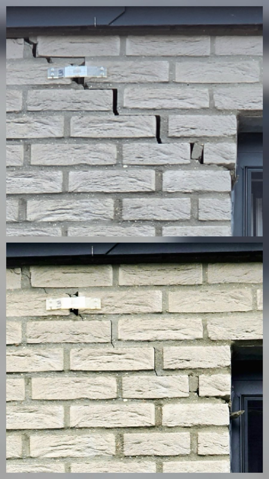 Fissure en escalier dans une façade avec fissuromètre, en haut avant et en bas après le relevage de la fondation